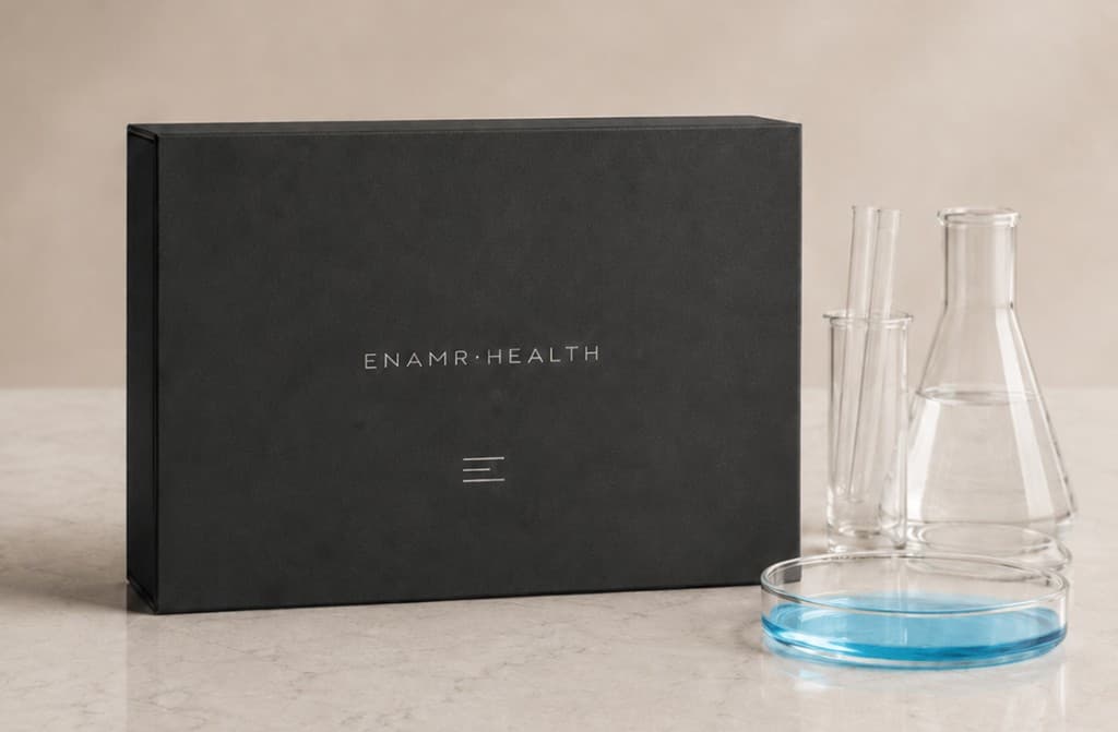 Enamr Health test kit box with clinical labware