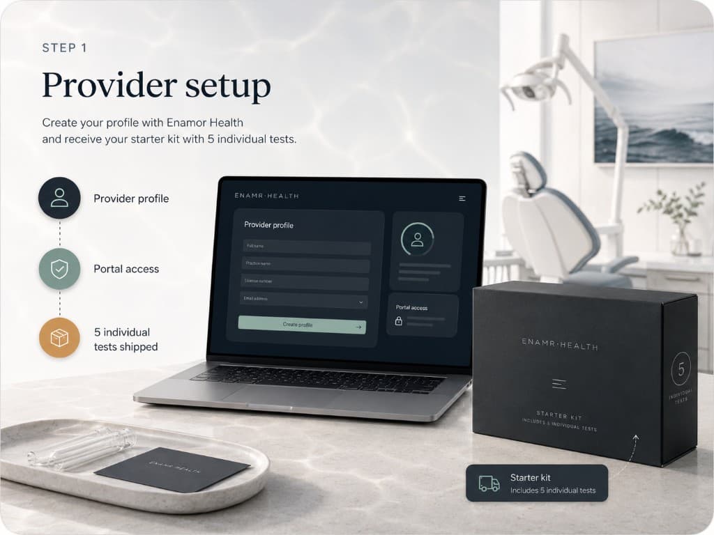 Provider creates an Enamr Health profile and receives a starter kit with five individual tests.